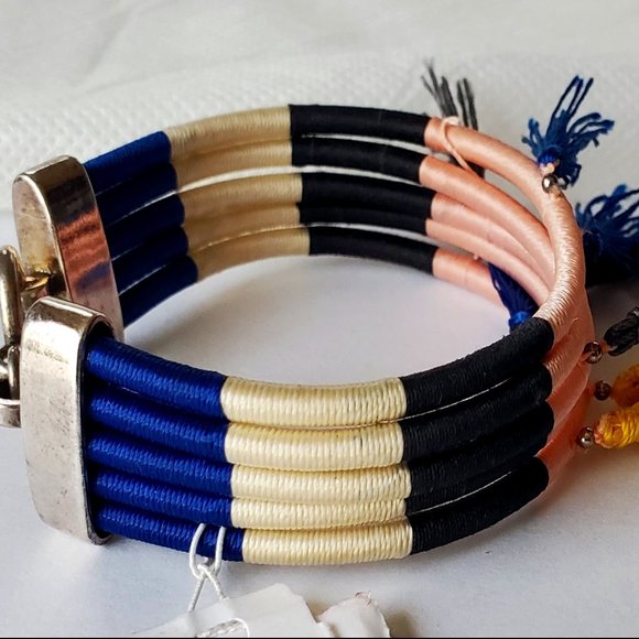 NWT Isabel Marant Women's Tassel Blue White Black Pink Silver Wrap Bracelet - Picture 6 of 11